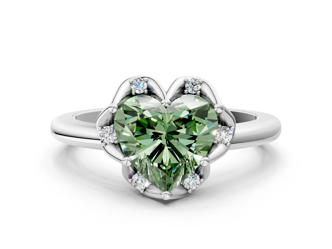 White gold Fancy Green Heart  Halo Diamond Ring with Round Cluster Setting, Solitaire Band, and Four-Prong Setting_29