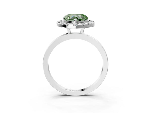 Platinum Fancy Green Heart  Halo Diamond Solitaire with Pavé Band and Four-Prong Setting