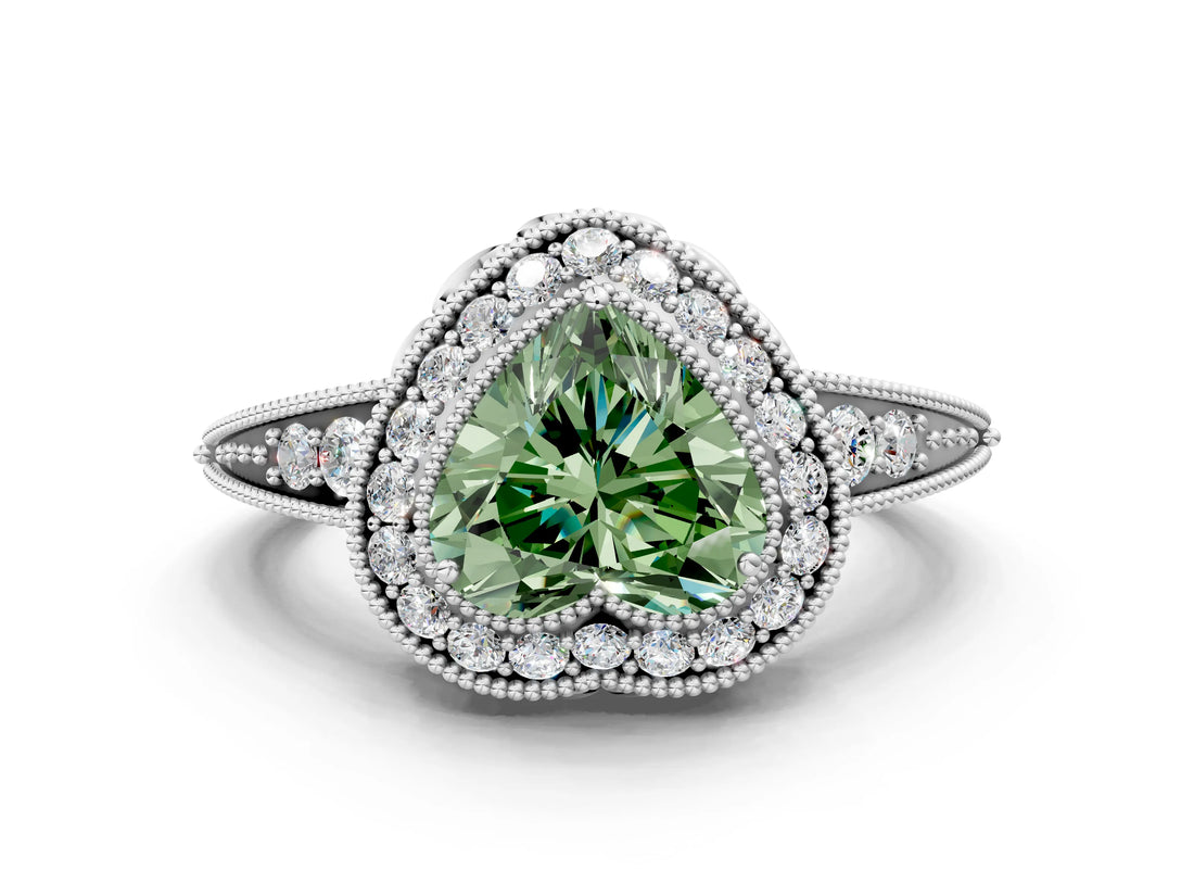 White gold Fancy Green Heart  Halo Diamond Split Shank Ring with Milgrain Detail_29