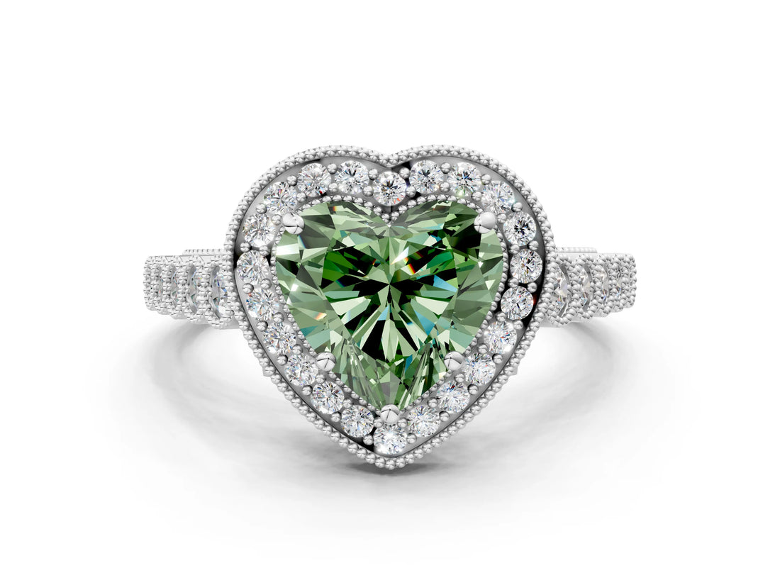 White gold Fancy Green Heart  Halo Milgrain Solitaire with Bezel Set Side Stones and Pave Band_50