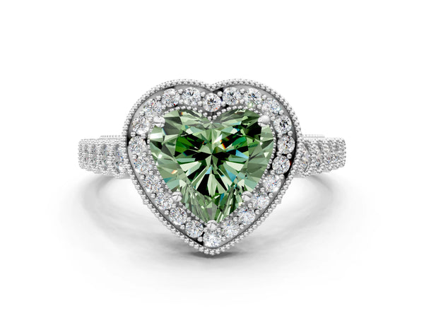 Platinum Fancy Green Heart  Halo Milgrain Solitaire with Bezel Set Side Stones and Pave Band