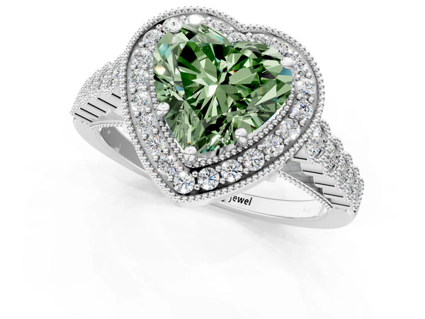 Platinum Fancy Green Heart  Halo Milgrain Solitaire with Bezel Set Side Stones and Pave Band