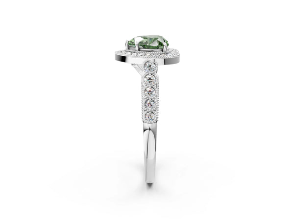 Platinum Fancy Green Heart  Halo Milgrain Solitaire with Bezel Set Side Stones and Pave Band