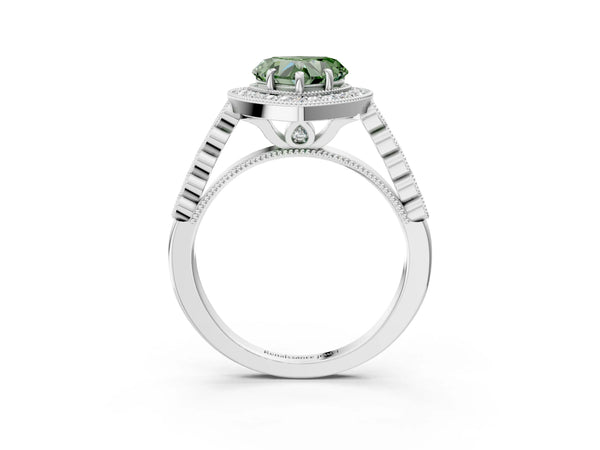 Platinum Fancy Green Heart  Halo Milgrain Solitaire with Bezel Set Side Stones and Pave Band