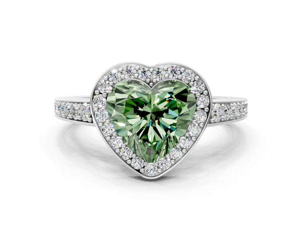 Platinum Fancy Green Heart  Halo Pavé Diamond Engagement Ring with Bezel Setting