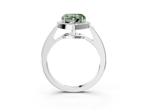 Platinum Fancy Green Heart  Halo Pavé Diamond Engagement Ring with Bezel Setting