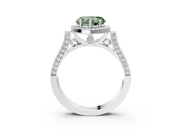 Platinum Fancy Green Heart  Halo Pave Split Shank Prong Setting Ring