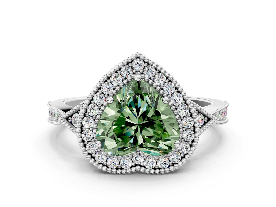 White gold Fancy Green Heart  Halo Round Diamond Milgrain Pave Engagement Ring_3