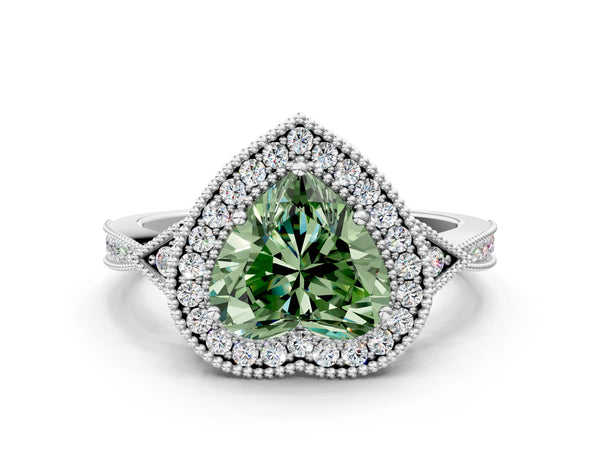 White gold Fancy Green Heart  Halo Round Diamond Milgrain Pave Engagement Ring