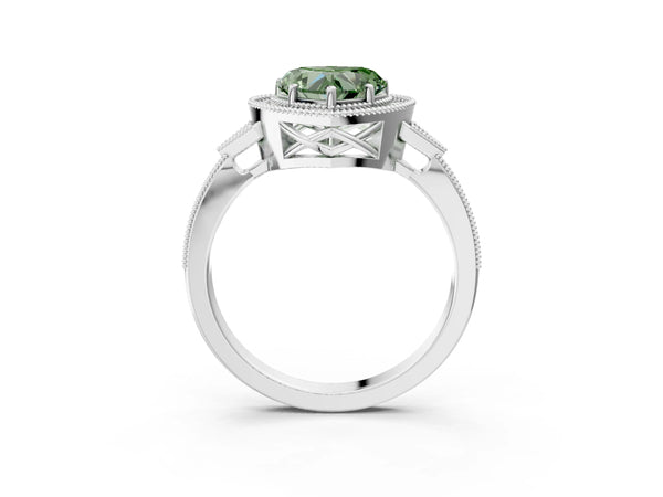 White gold Fancy Green Heart  Halo Round Diamond Milgrain Pave Engagement Ring