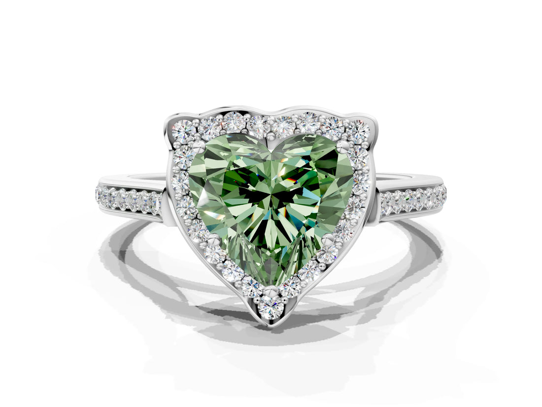 White gold Fancy Green Heart  Halo Round Diamond Pave Band with Four-Prong Setting_50