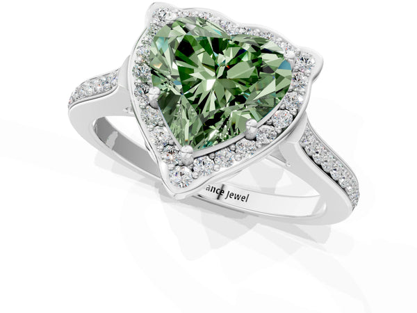 White gold Fancy Green Heart  Halo Round Diamond Pave Band with Four-Prong Setting