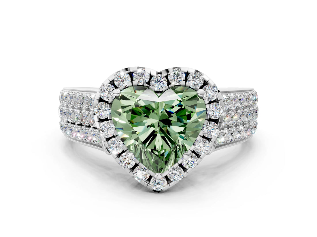 White gold Fancy Green Heart  Halo Round Diamond Pave Band with Prong Setting 1