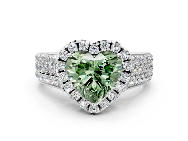 White gold Fancy Green Heart  Halo Round Diamond Pave Band with Prong Setting