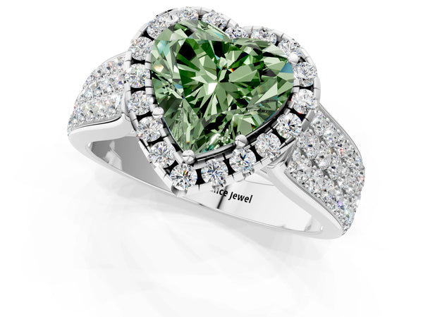 White gold Fancy Green Heart  Halo Round Diamond Pave Band with Prong Setting