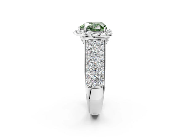 White gold Fancy Green Heart  Halo Round Diamond Pave Band with Prong Setting