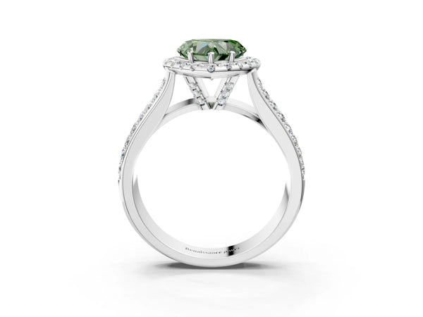 White gold Fancy Green Heart  Halo Round Diamond Pave Band with Prong Setting