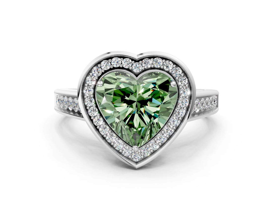 White gold Fancy Green Heart  Halo Solitaire Diamond Ring with Pave Band and Bezel Setting_29