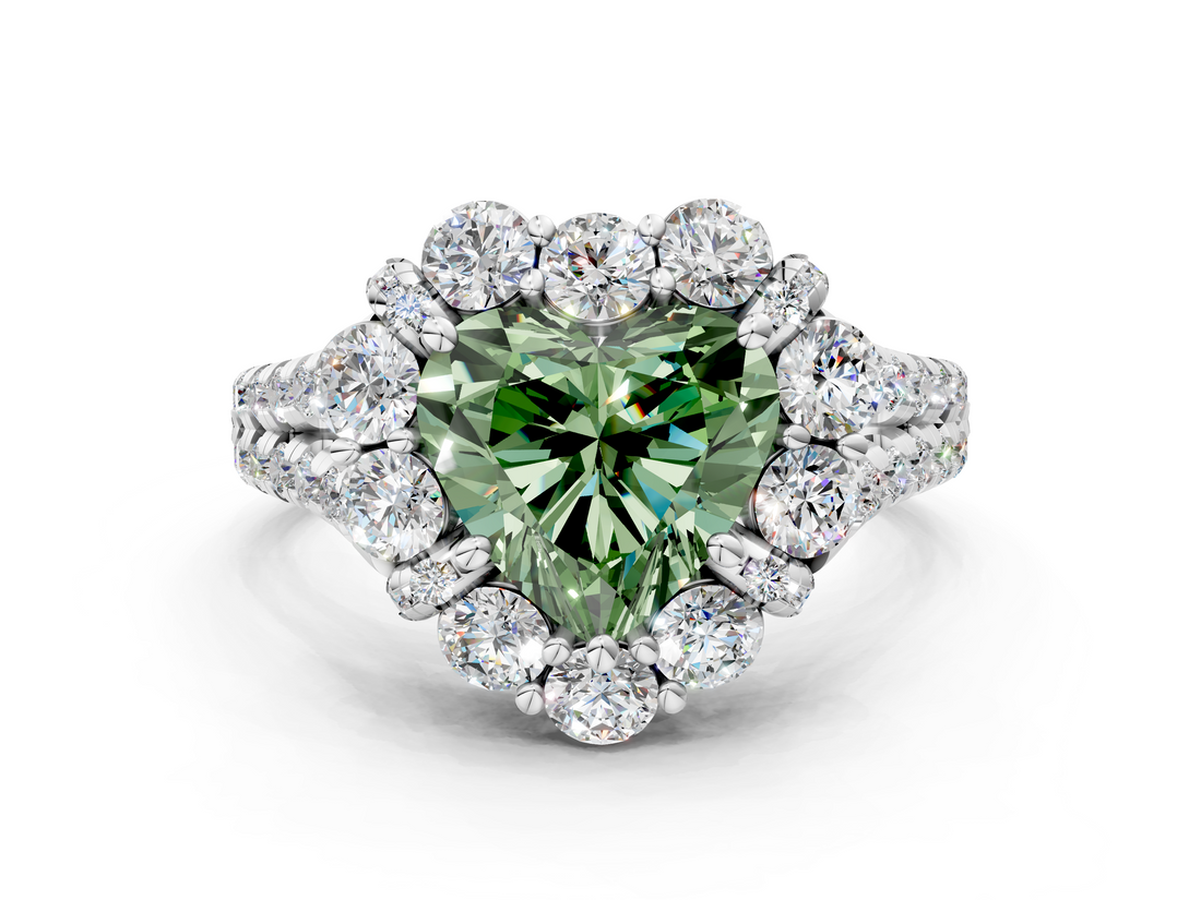 White gold Fancy Green Heart  Halo Split Shank Diamond Engagement Ring with Pave Band and Four-Prong Setting