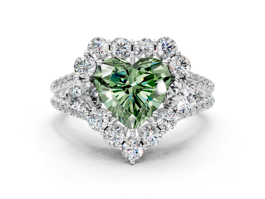 White gold Fancy Green Heart  Halo Split Shank Diamond Engagement Ring with Prong Setting