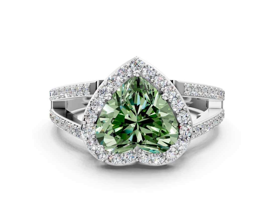 White gold Fancy Green Heart  Halo Split Shank Diamond Ring with Four-Prong Setting