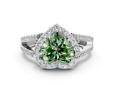 White gold Fancy Green Heart  Halo Split Shank Diamond Ring with Four-Prong Setting