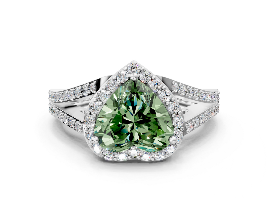 White gold Fancy Green Heart  Halo Split Shank Diamond Ring with Prong Setting