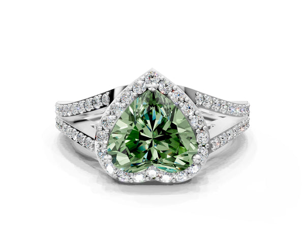 Platinum Fancy Green Heart  Halo Split Shank Pave Diamond Ring with Four-Prong Setting