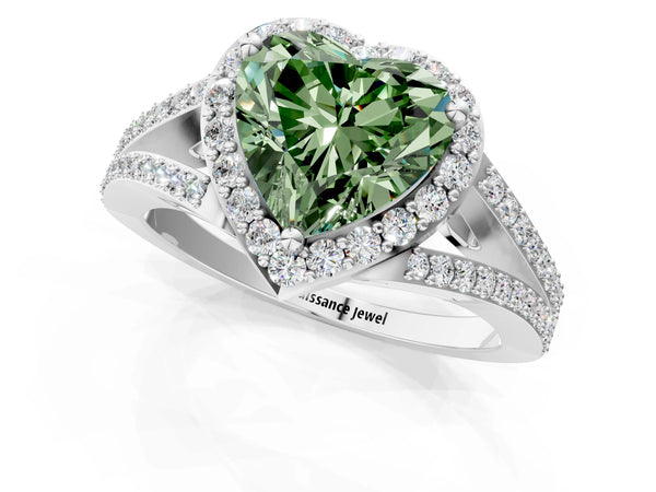 Platinum Fancy Green Heart  Halo Split Shank Pave Diamond Ring with Four-Prong Setting