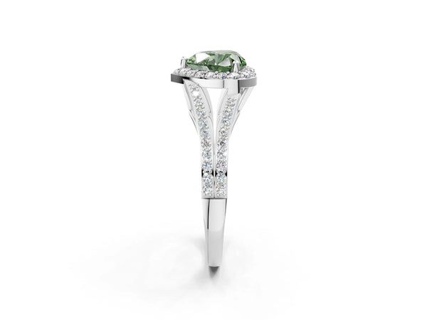 Platinum Fancy Green Heart  Halo Split Shank Pave Diamond Ring with Four-Prong Setting