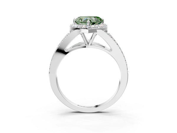 Platinum Fancy Green Heart  Halo Split Shank Pave Diamond Ring with Four-Prong Setting