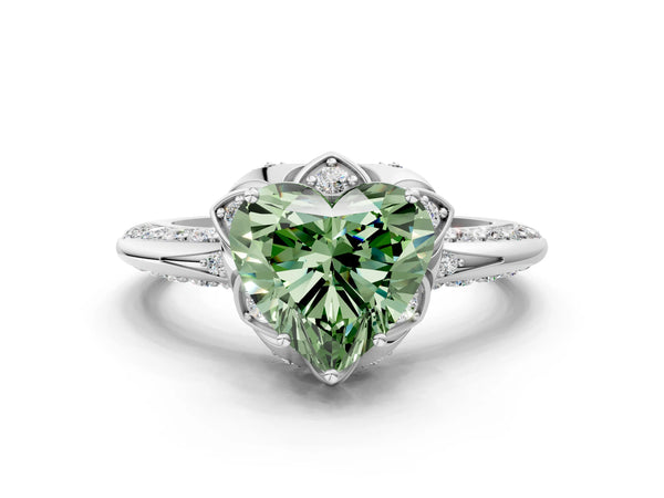 Platinum Fancy Green Heart  Halo Split Shank Pave Diamond Ring with Petal Prong Setting