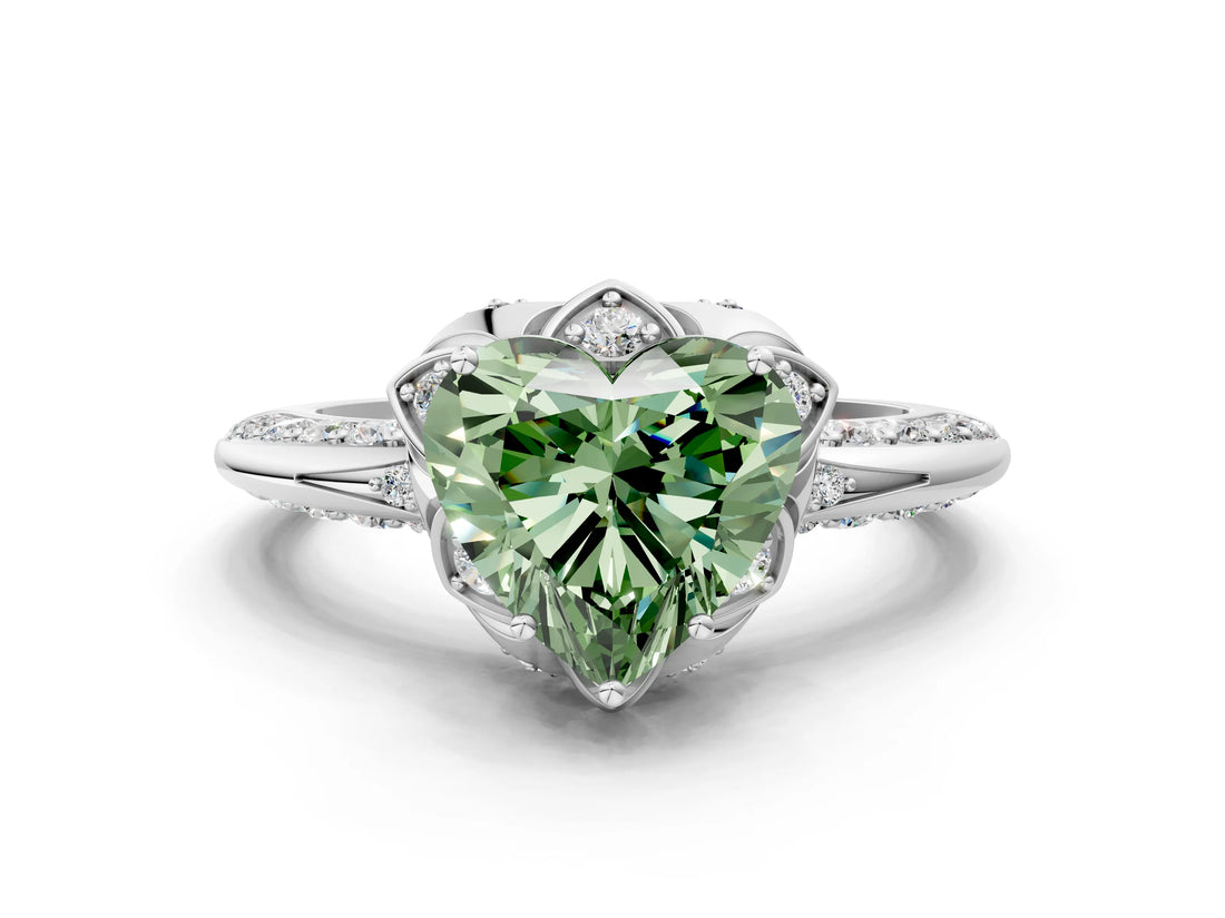White gold Fancy Green Heart  Halo Split Shank Pave Diamond Ring with Petal Prong Setting_32