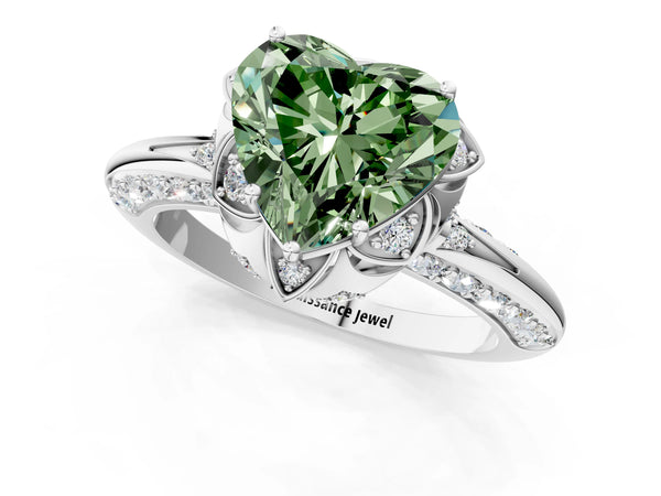 Platinum Fancy Green Heart  Halo Split Shank Pave Diamond Ring with Petal Prong Setting