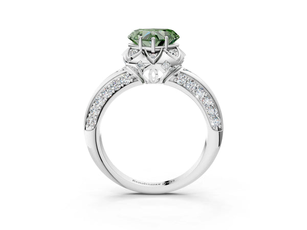 Platinum Fancy Green Heart  Halo Split Shank Pave Diamond Ring with Petal Prong Setting