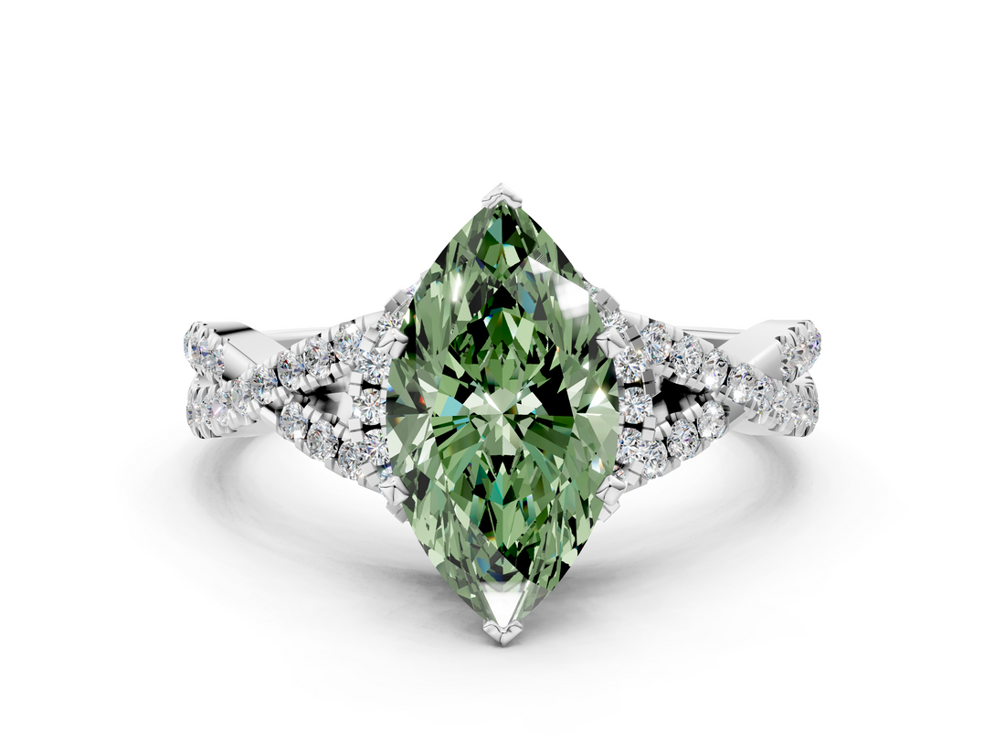 White gold Fancy Green Heart  Halo Twist Band Solitaire Prong Setting Ring