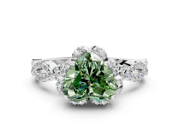 Platinum Fancy Green Heart  Halo Twist Band Solitaire Ring with Six-Prong Setting