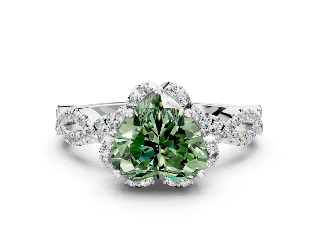 White gold Fancy Green Heart  Halo Twist Band Solitaire Ring with Six-Prong Setting_33