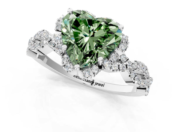 Platinum Fancy Green Heart  Halo Twist Band Solitaire Ring with Six-Prong Setting