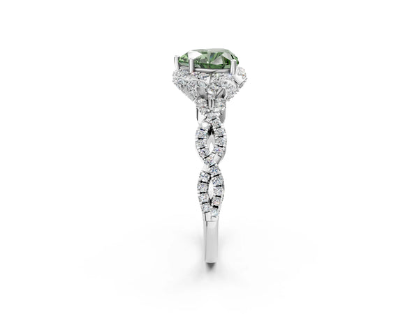 Platinum Fancy Green Heart  Halo Twist Band Solitaire Ring with Six-Prong Setting