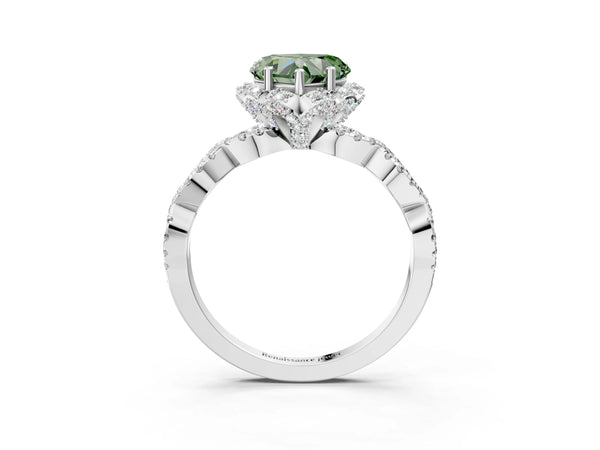 Platinum Fancy Green Heart  Halo Twist Band Solitaire Ring with Six-Prong Setting