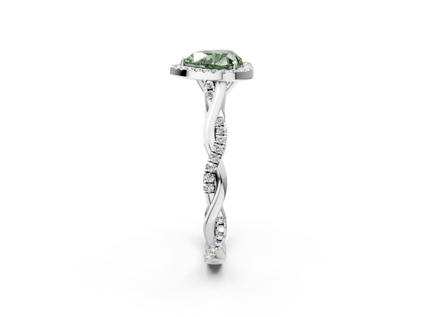 White gold Fancy Green Heart  Halo Twist Band Solitaire Ring