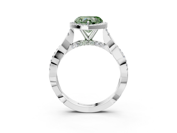 White gold Fancy Green Heart  Halo Twist Band Solitaire Ring