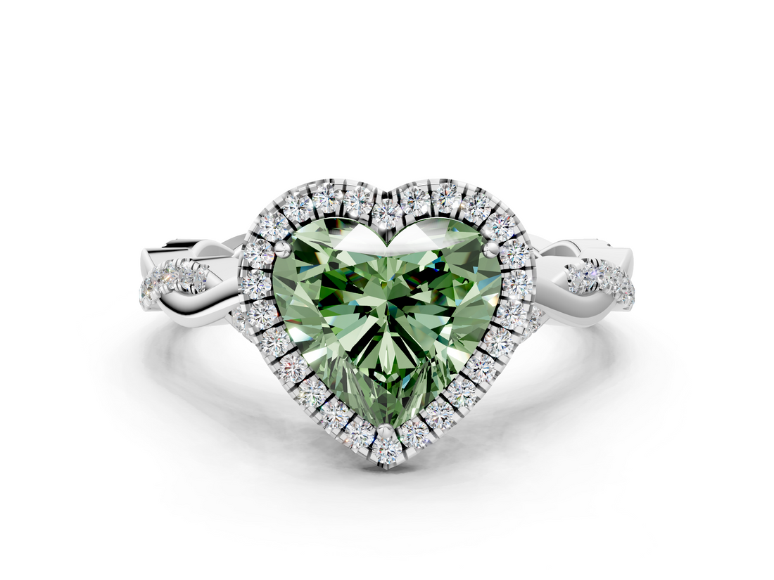 White gold Fancy Green Heart  Halo Twist Band Solitaire Ring