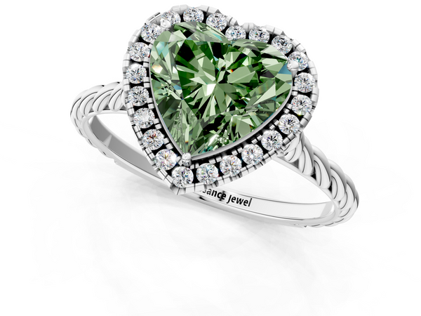 White gold Fancy Green Heart  Halo Twisted Band Four-Prong Diamond Ring