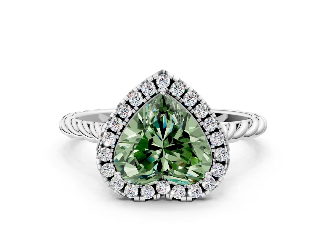 White gold Fancy Green Heart  Halo Twisted Band Four-Prong Diamond Ring