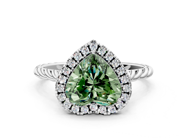 White gold Fancy Green Heart  Halo Twisted Band Four-Prong Diamond Ring