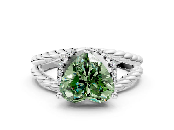 Platinum Fancy Green Heart  Halo Twisted Band Four-Prong Ring