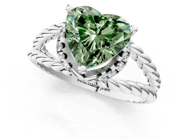 Platinum Fancy Green Heart  Halo Twisted Band Four-Prong Ring
