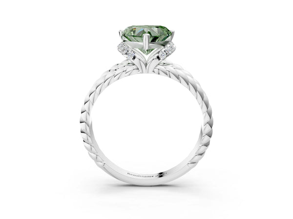 Platinum Fancy Green Heart  Halo Twisted Band Four-Prong Ring